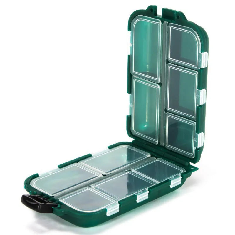 Black plastic fishing tackle storage box with ten small compartments open.
