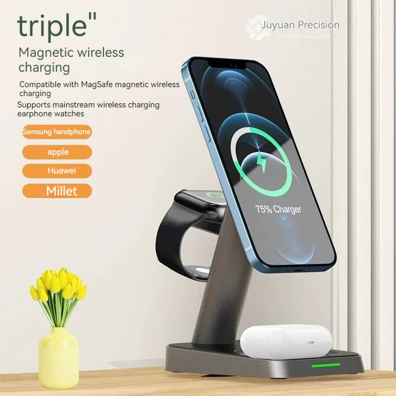 Black vertical wireless phone charger with smartwatch charging and integrated power bank