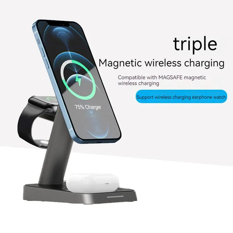 Black vertical wireless phone charger with smartwatch charging and integrated power bank
