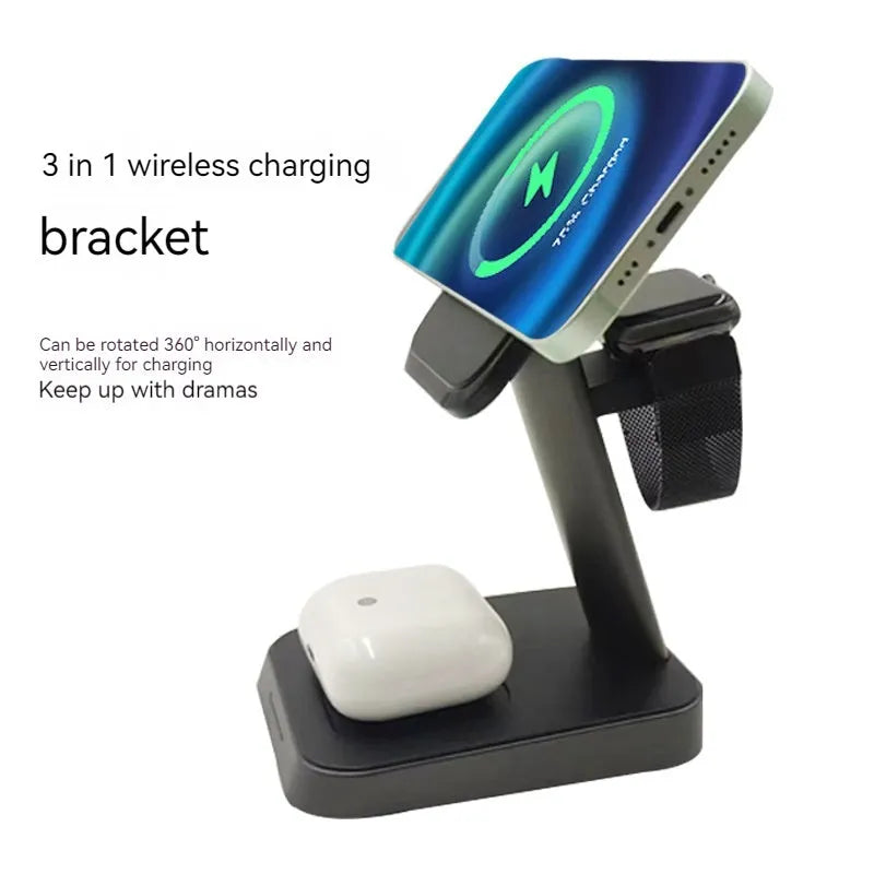 Black vertical wireless phone charger with smartwatch charging and integrated power bank