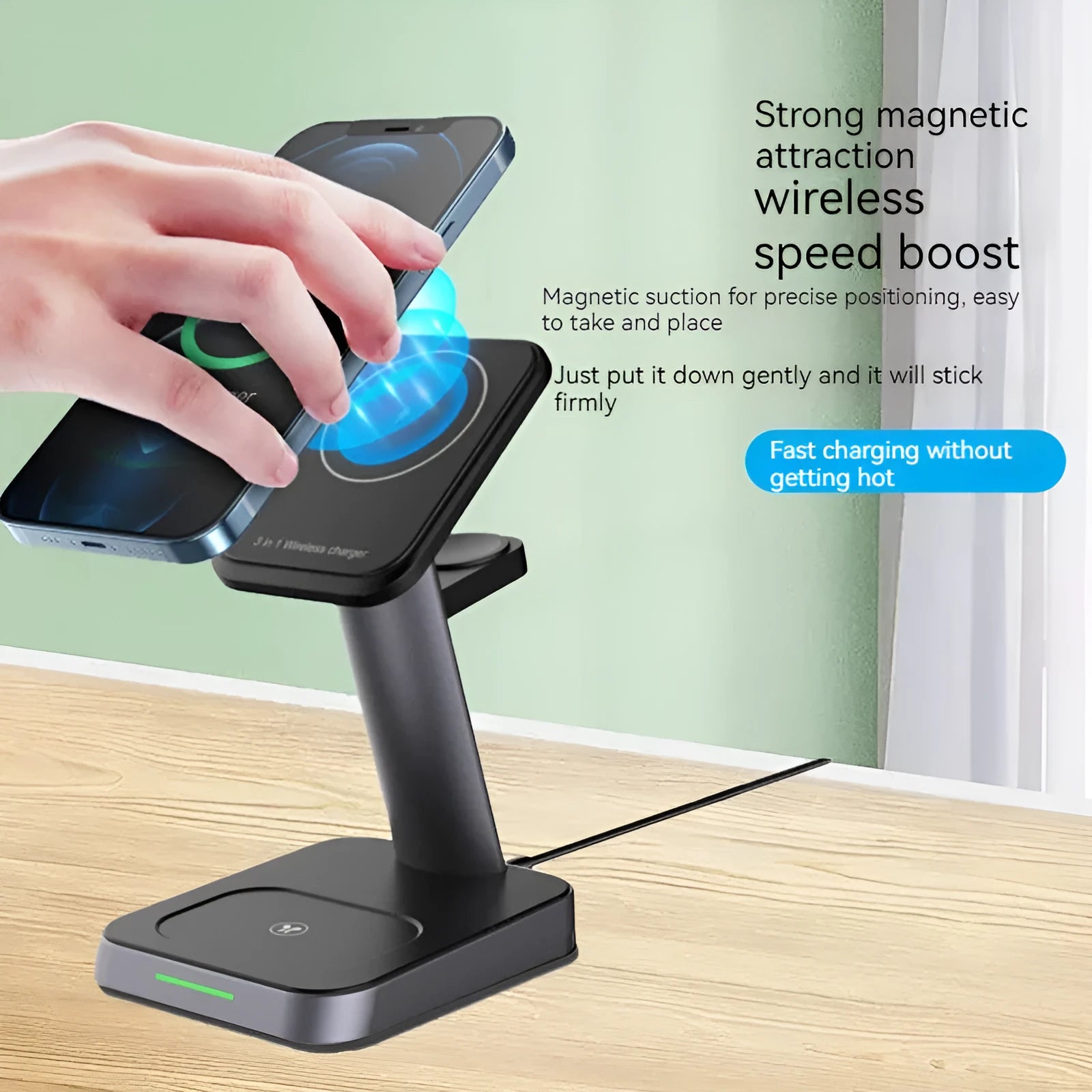 Black vertical wireless phone charger with smartwatch charging and integrated power bank