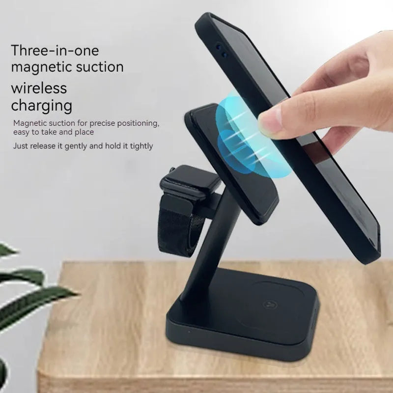 Black vertical wireless phone charger with smartwatch charging and integrated power bank