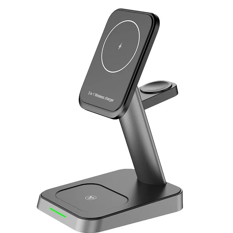 Black vertical wireless phone charger with smartwatch charging and integrated power bank