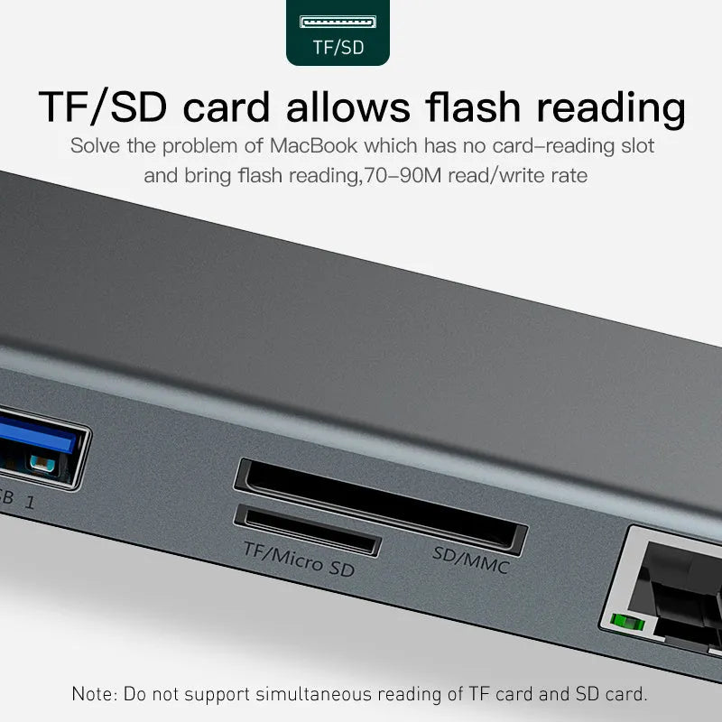 Gray aluminium USB C hub docking station with cooling bracket showing 10 ports including HDMI and Ethernet