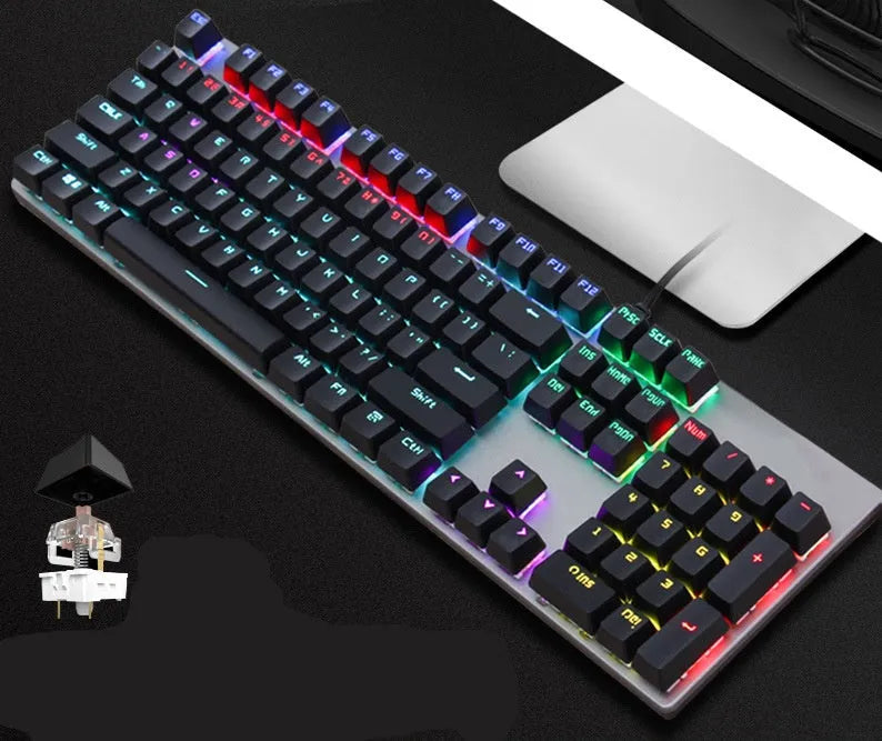AOC GK410 metal mechanical keyboard with backlit keys and USB cable on a desktop