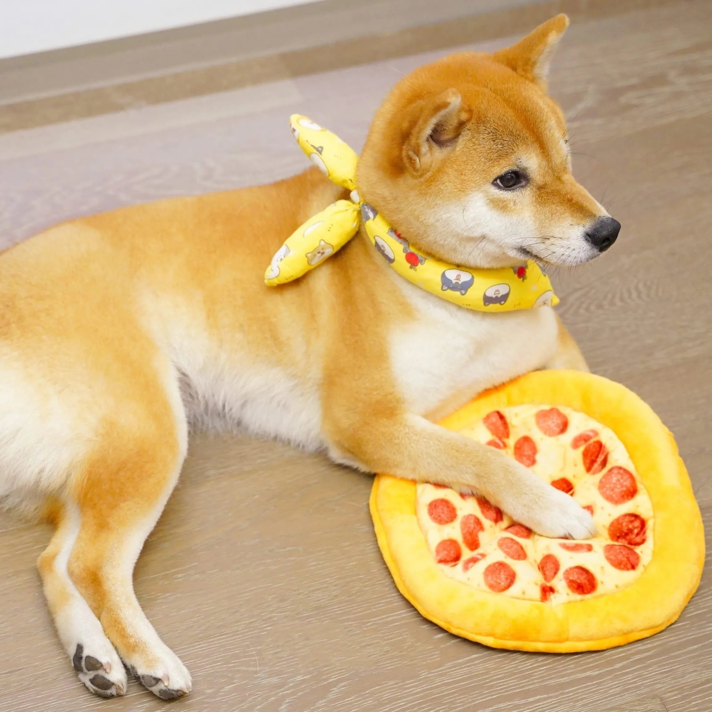 Yellow teddy bear shaped dog chew toy designed as a pizza slice with a textured surface