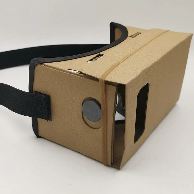 Flat-pack DIY VR cardboard glasses kit for 6-inch smartphones with 3D lenses, rubber band, and velcro strap.