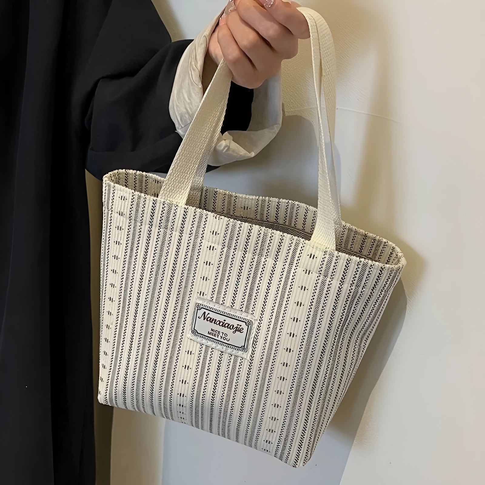 Japanese style corduroy handbag in ivory white, grey or dark brown with large capacity