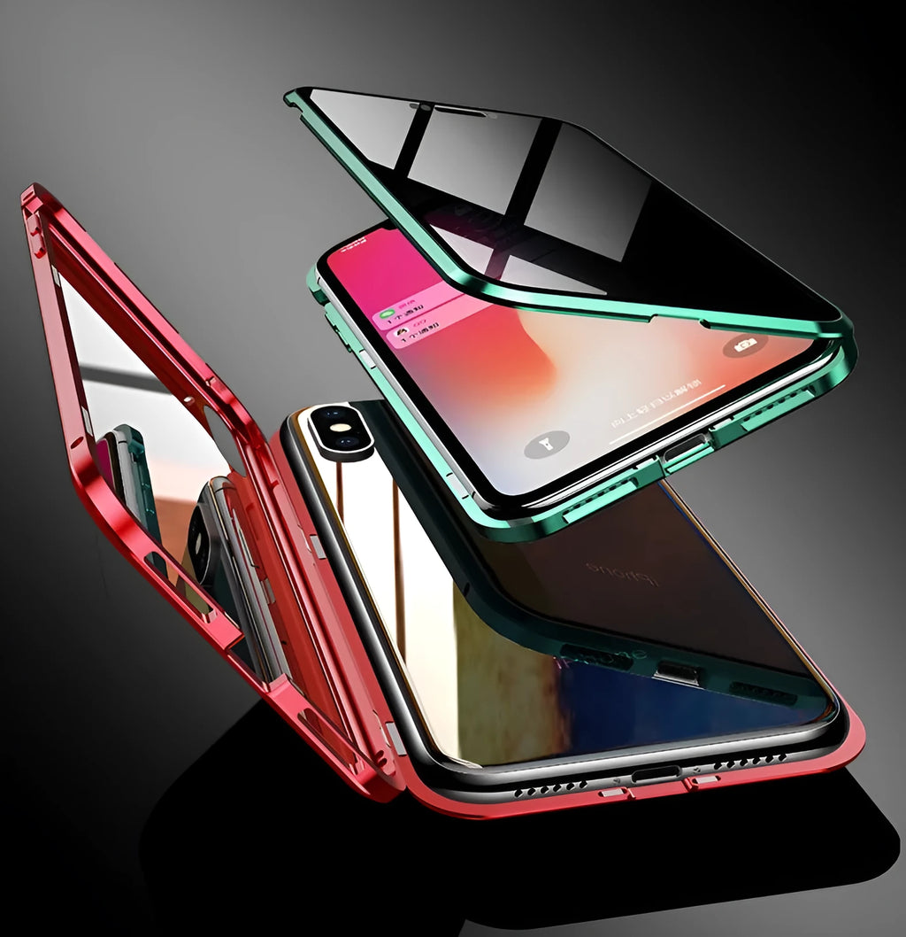 Black clamshell anti-peeping magnetic phone case for Samsung Galaxy phone shown open and closed