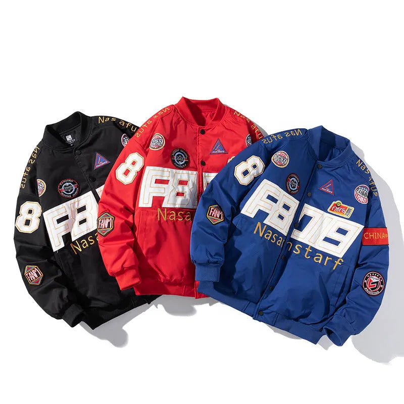 Black motorcycle-style baseball jacket with side pockets and a detachable hood on a hanger.