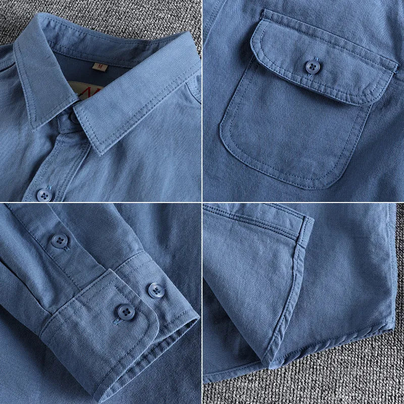 Men's light blue cotton long sleeve cardigan-style shirt on a hanger.