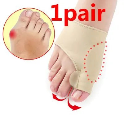 Pair of beige corrective toe socks with a clear silicone gel bunion pad and toe separator.
