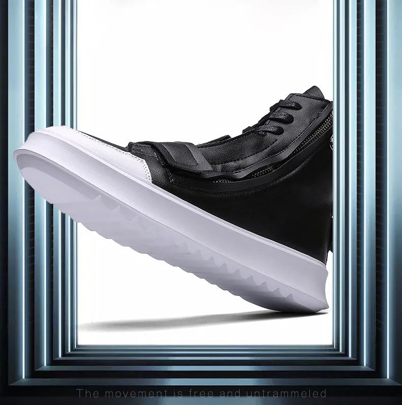 Men's black and white high-top winter ankle boots made from PU leather and microfiber.