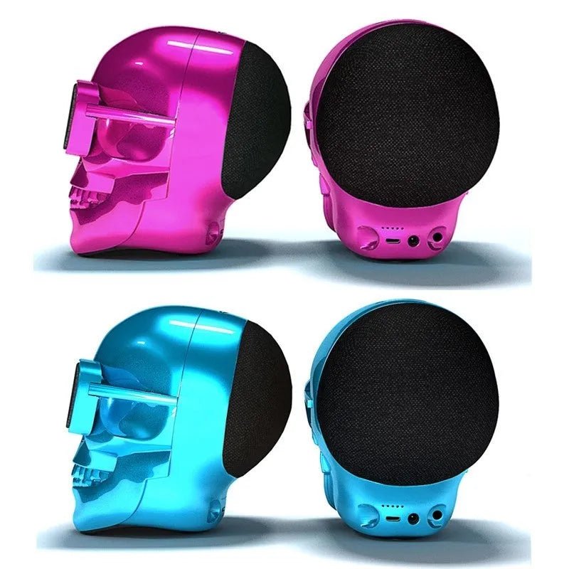 Limited edition Skull-shaped portable Bluetooth speaker in black, showing compact size.