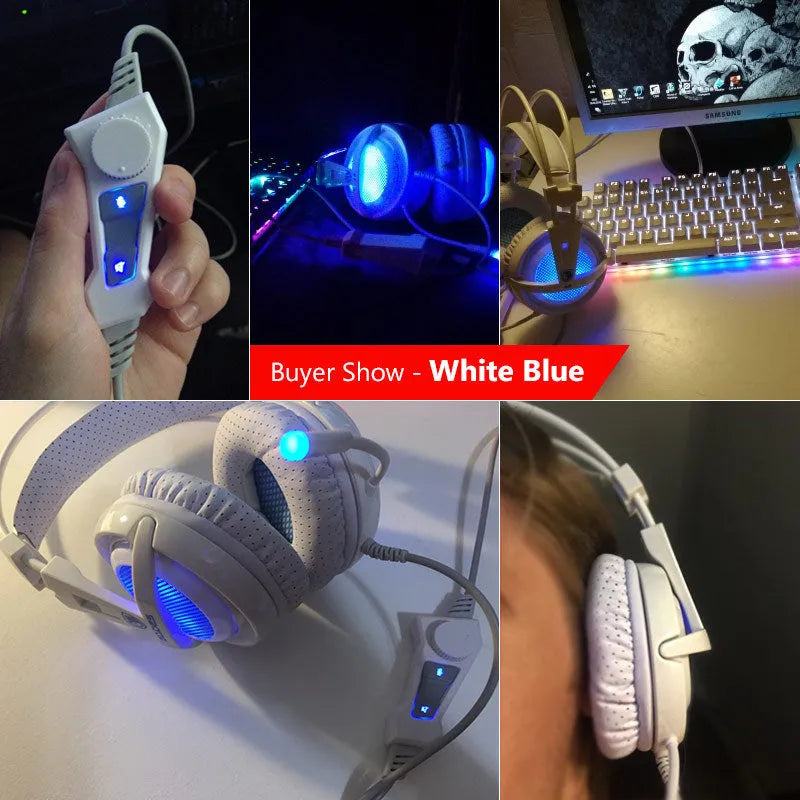 Black and white 7.1 channel USB gaming headset with LED lights on ear cups