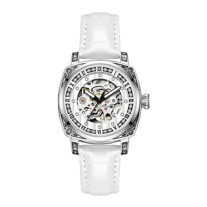 Men's leather strap mechanical watch with luminous hands on a black dial, showing water resistance and classic design.