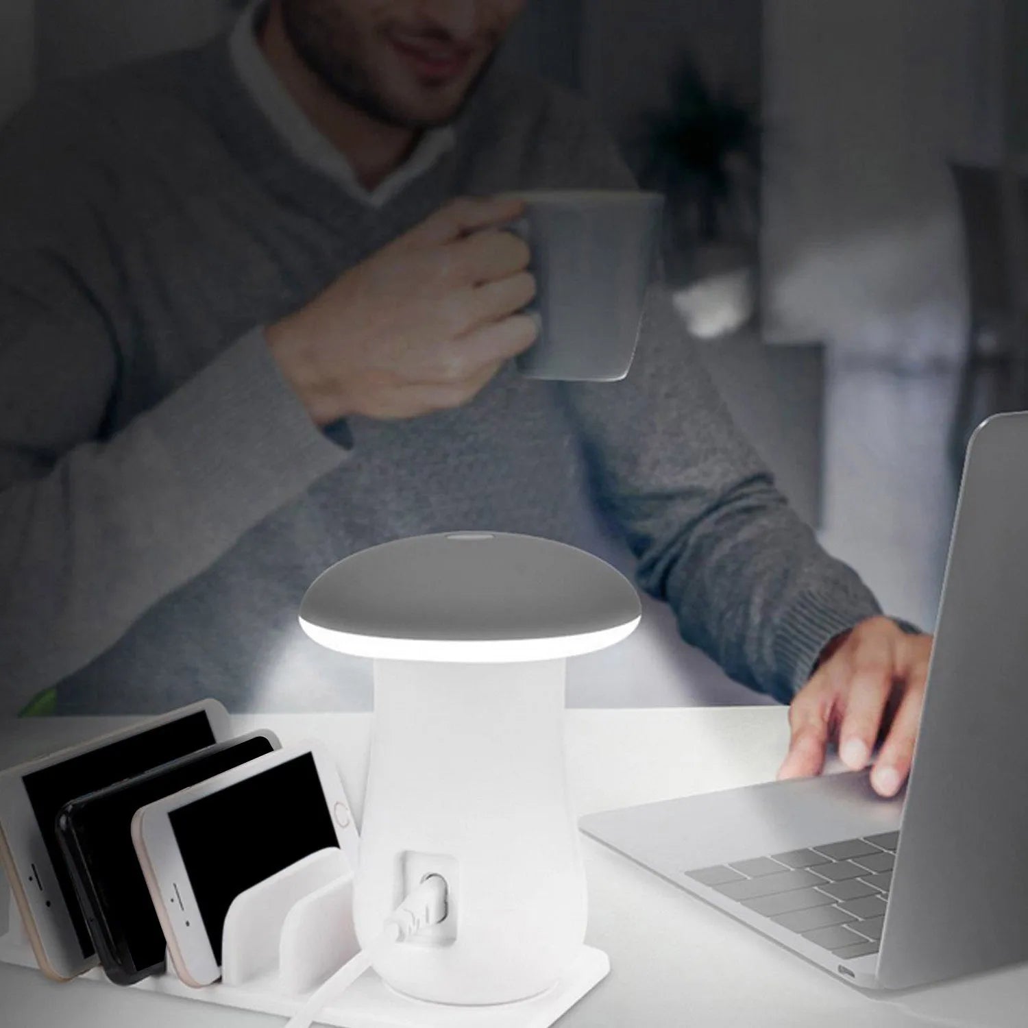 Besegad mushroom-shaped white LED desk lamp and USB charging station with five ports