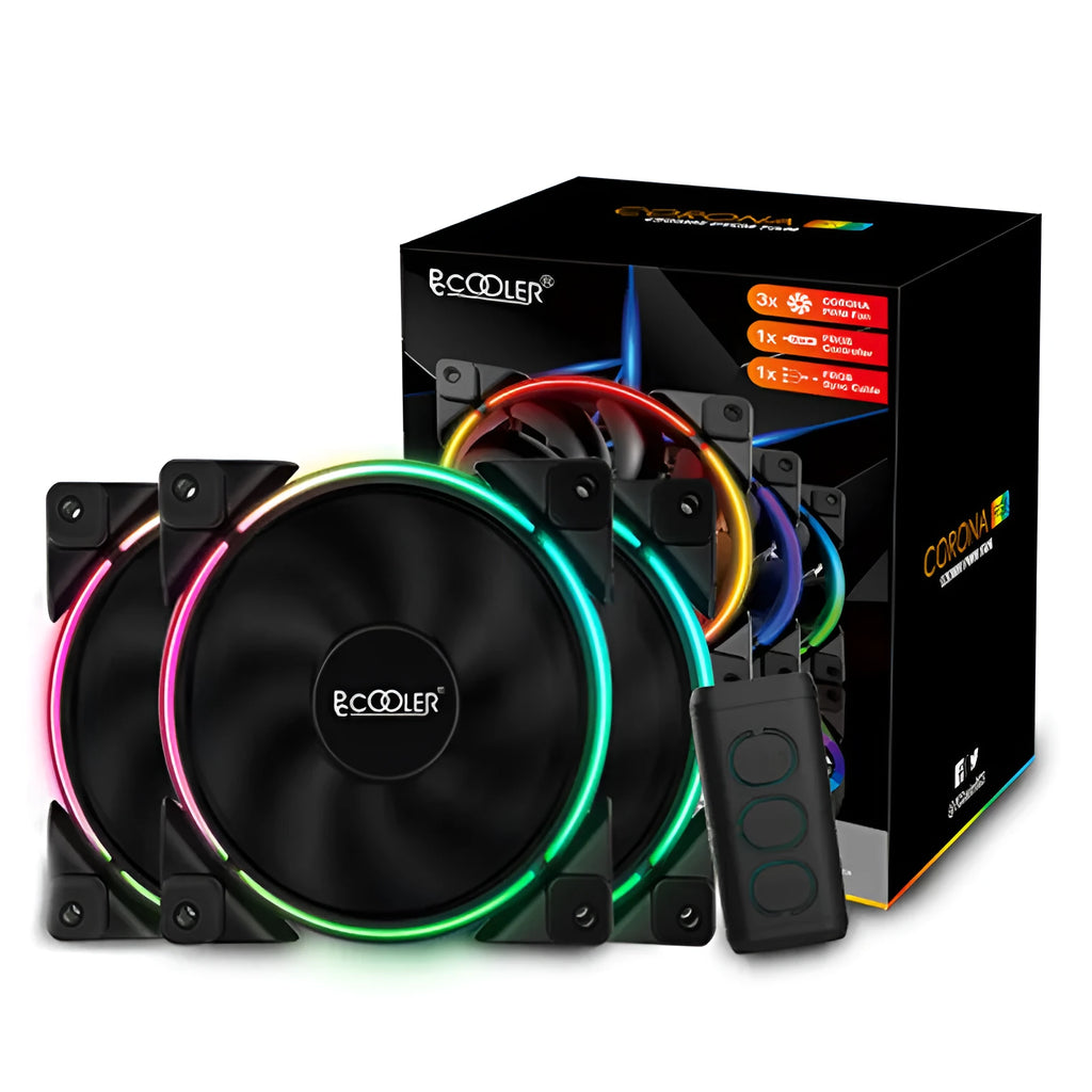 Three black 12cm PC case fans with illuminated RGB blades on a transparent background.