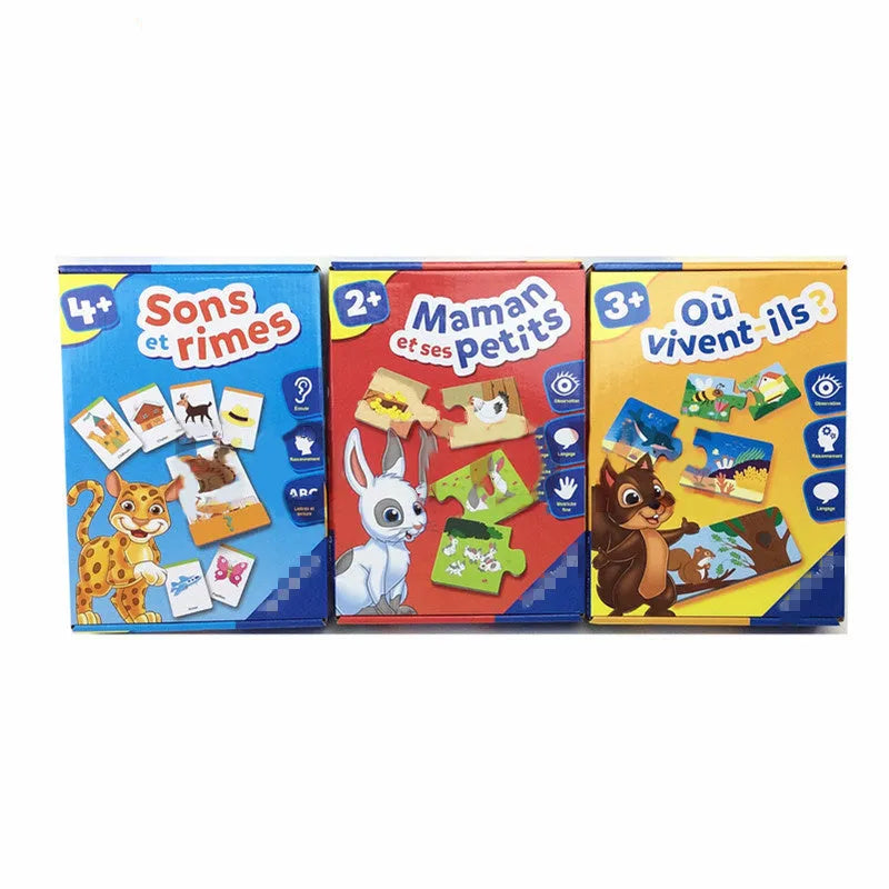 French children's puzzle game with 12 matching pairs of pictures and vocabulary words on paper plate