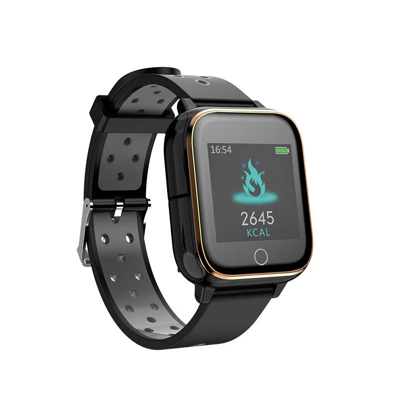 Black smartwatch with integrated Bluetooth earbuds charging in wristband cabinet
