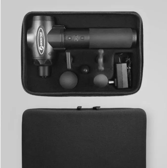 Black and white massage gun with adjustable speed control for muscle percussion therapy