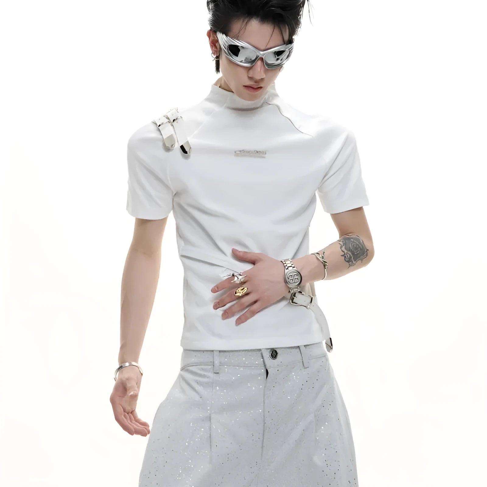 Men's slim fit cotton short sleeve T-shirt with stand-up collar and metal belt detail in black and white colour options