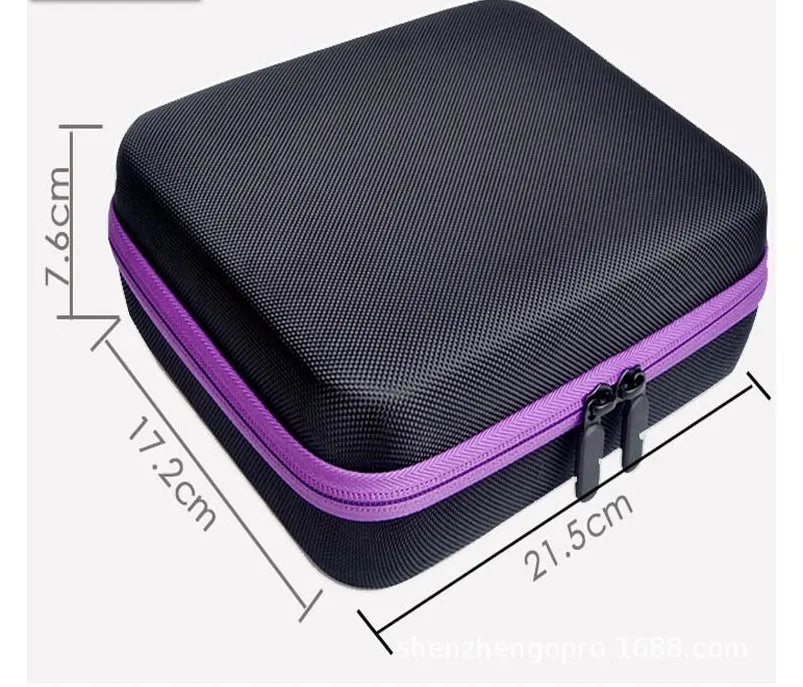 Red EVA essential oil storage bag with 30 compartments for 15ml bottles, shown with zipper open.