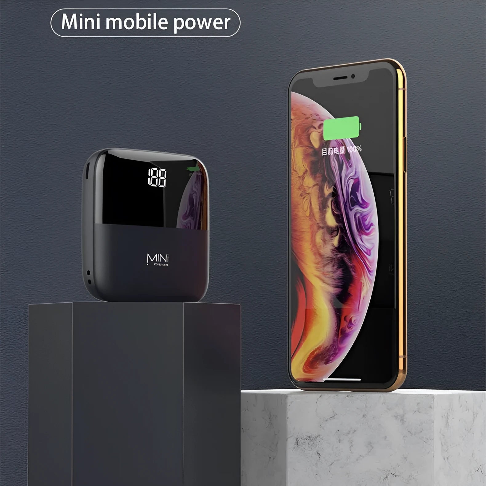 Android portable power bank with digital display showing battery percentage