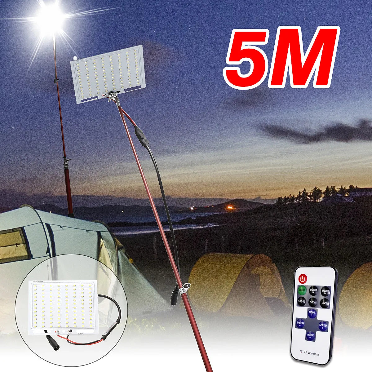 White LED fishing rod light panel on a tall telescopic pole with a remote control.