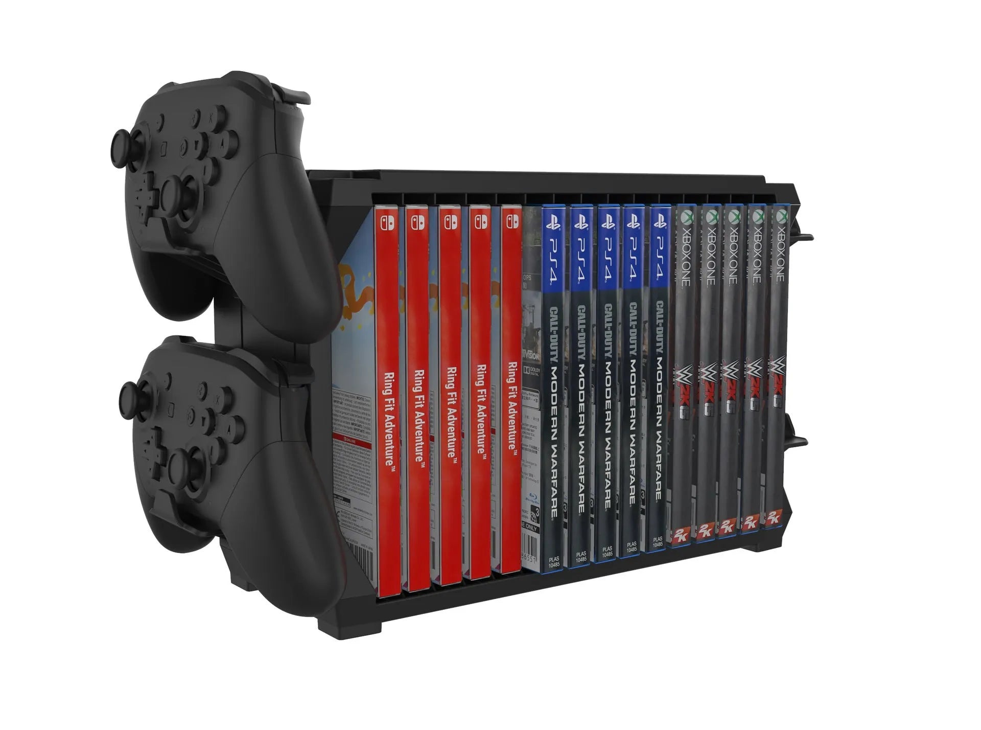 Black PS5 disc holder storing game cases and four controllers for multiple gaming consoles