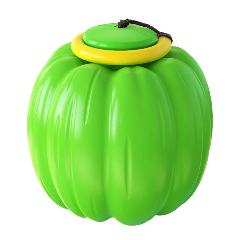 Orange pumpkin-shaped plastic dog chew ball with a squeaker for small dogs and teething puppies.