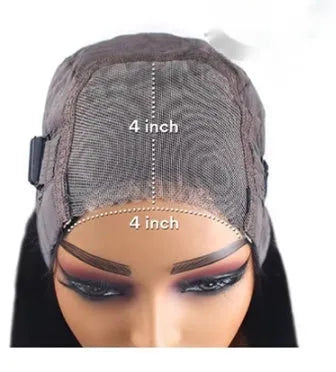 Glueless human hair straight wig with side bangs shown in natural style