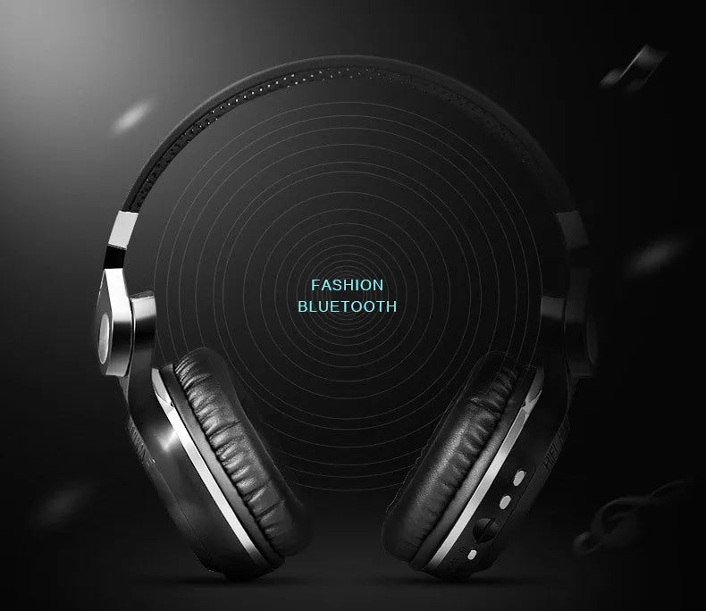Black wireless Bluetooth headset with over-ear design on a white background.