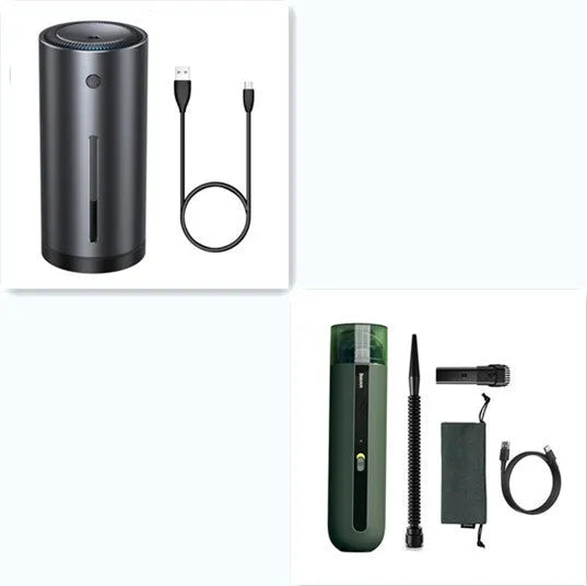 BASEUS wireless handheld car vacuum cleaner in black, white, or green with blowing hose attachment.