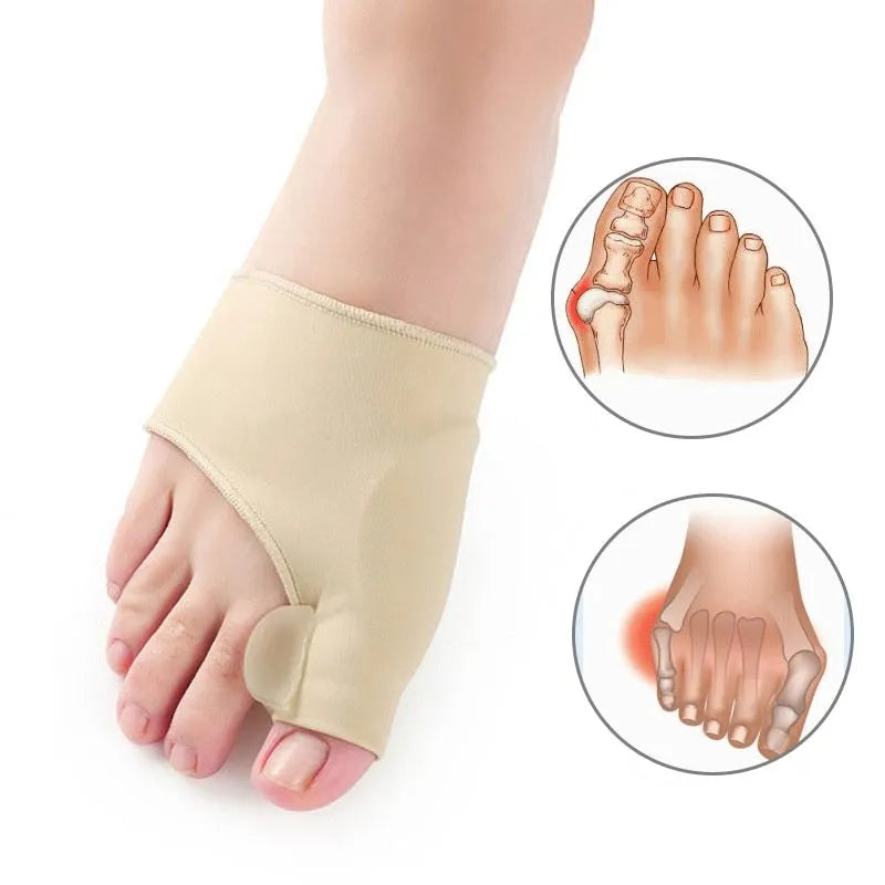 Pair of beige corrective toe socks with a clear silicone gel bunion pad and toe separator.