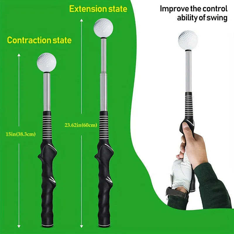 Telescopic golf swing training simulator in stainless steel available in black, blue and red colours