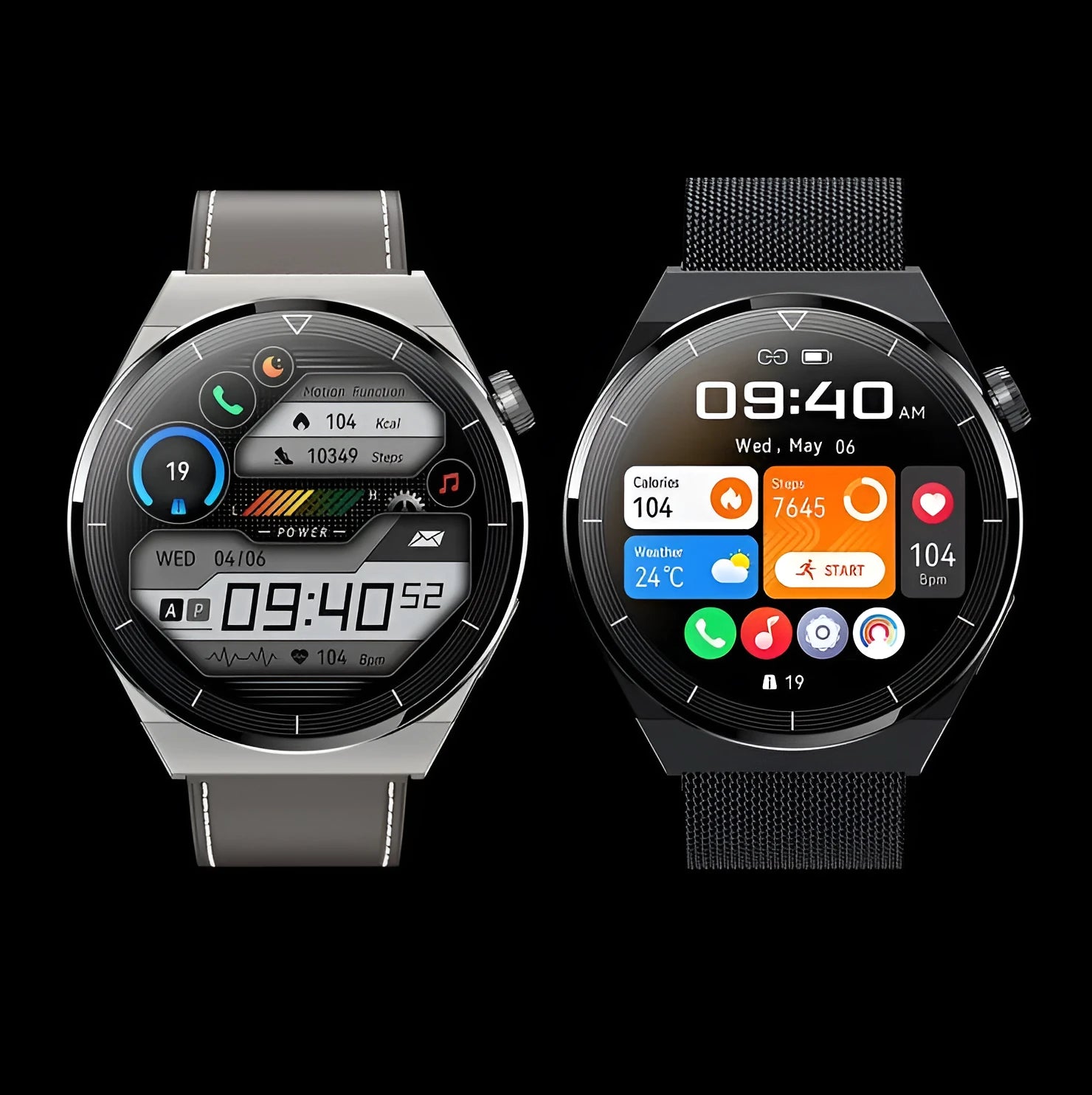 Bluetooth smart watch with round 1.36 inch screen and silicone strap in black or silver colour
