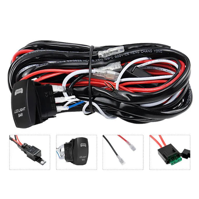 Off-road LED spotlight cable set with 2 metre black wiring and light bar switch