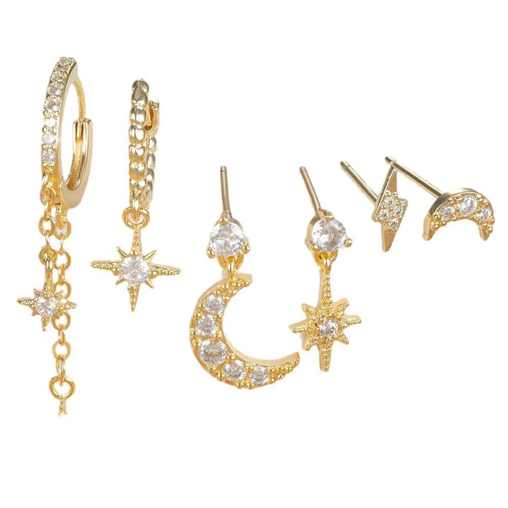 Gold chain tassel earrings with zircon stud details - six-piece set for women