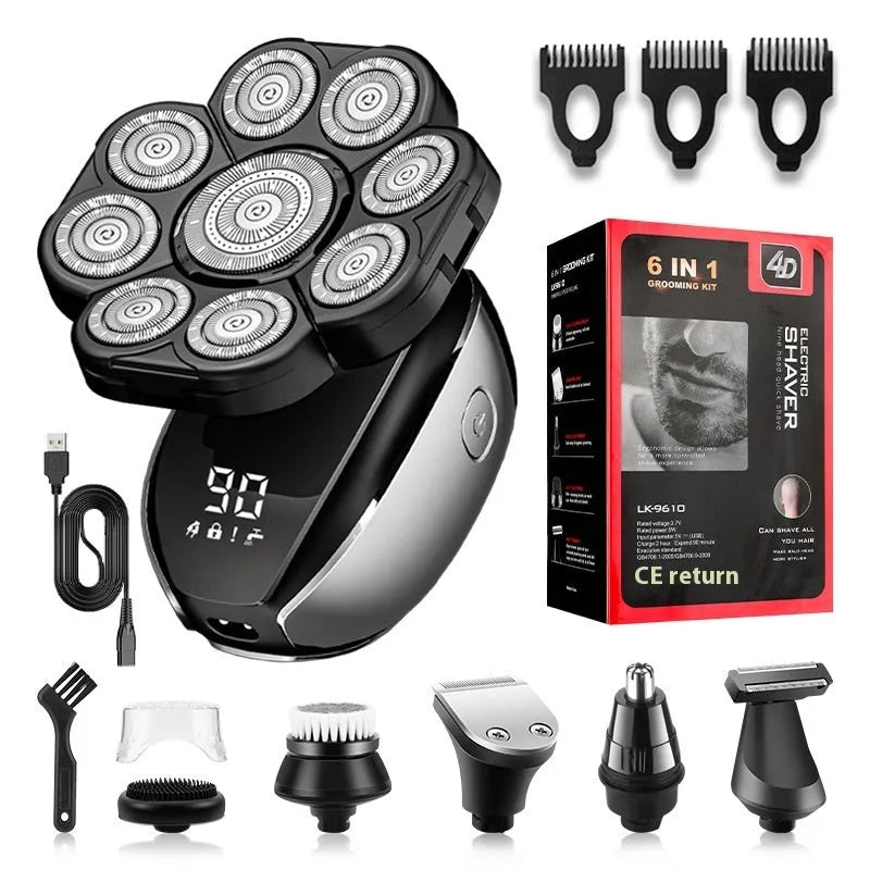 Black 6-in-1 rechargeable hair clipper and shaver set with multiple attachments on display