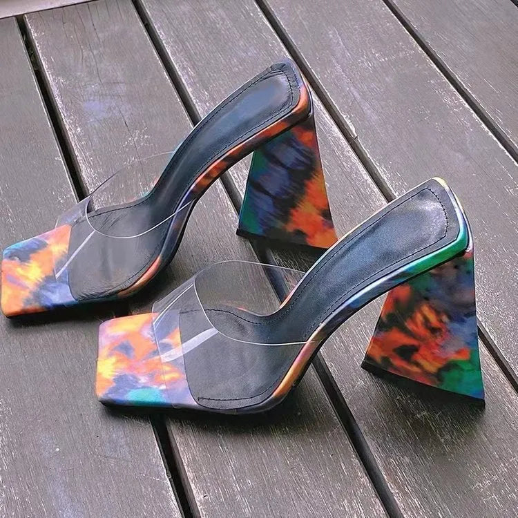 Women's black square toe slippers with a thick triangle high heel
