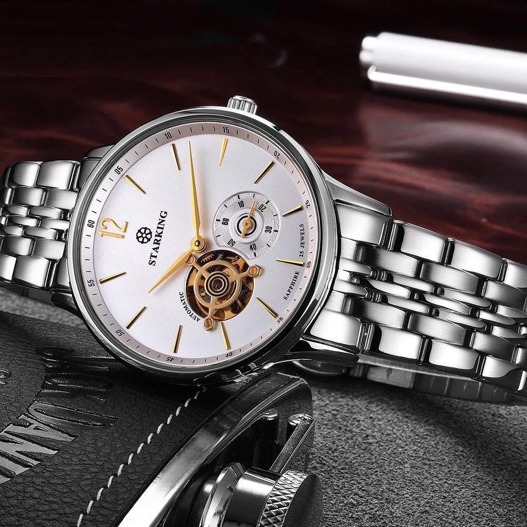 Automatic mechanical men's business watch with sapphire crystal glass and brown leather strap