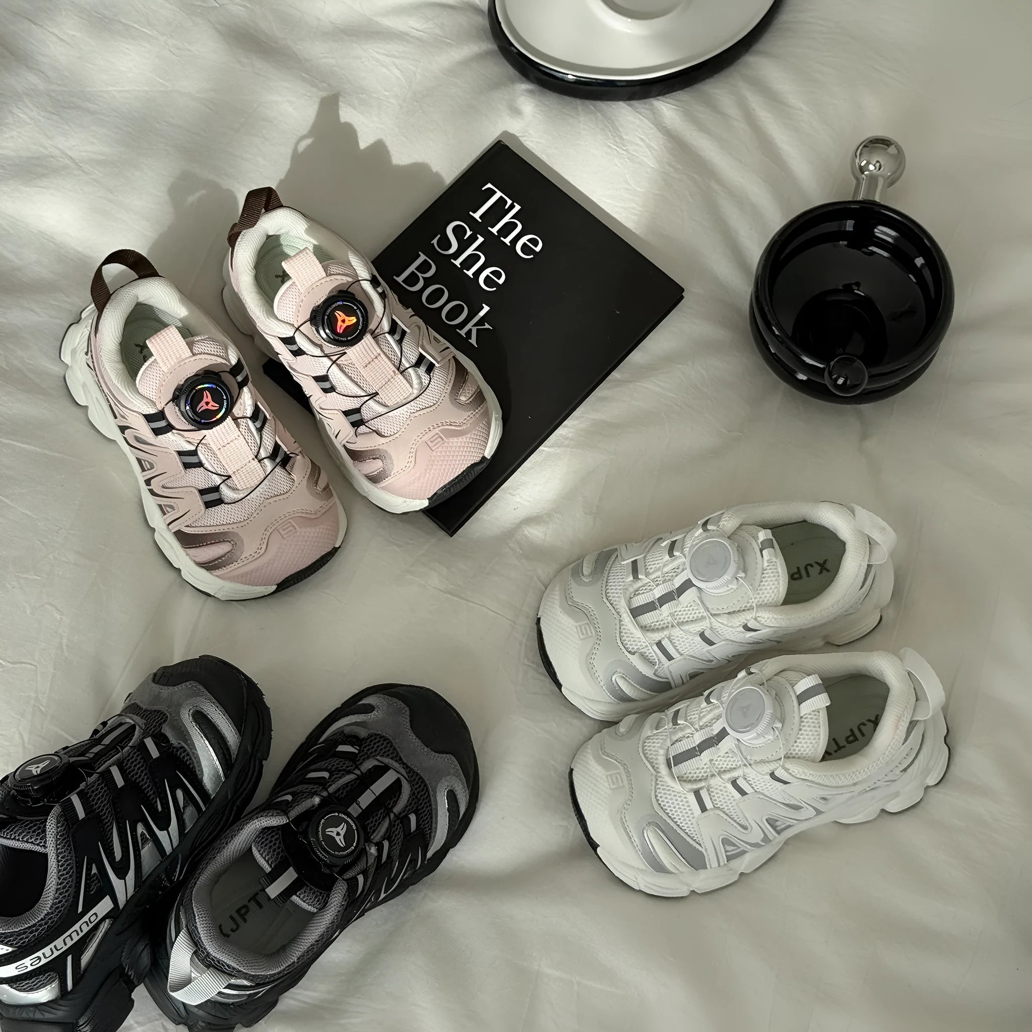 Girls lightweight casual shoes with PU leather mesh upper in black, beige, or pink colours.