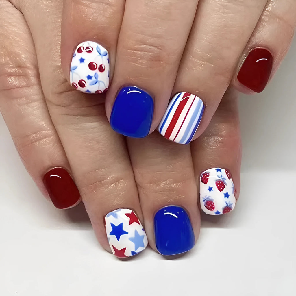 Short glossy red and blue strawberry cherry nail stickers for independence day manicure