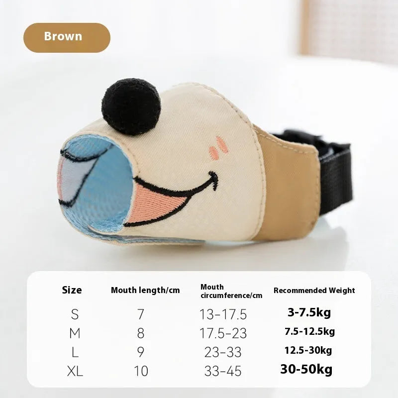 Canvas dog mouth cover in Ollie Brown Bear colour with weight-based sizing guide showing S, M, L, XL options