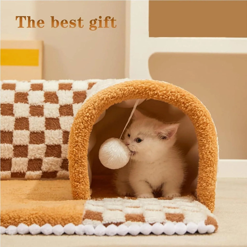 Brown plaid cat tunnel bed with central mat showing collapsible tunnel tube and non-slip bottom