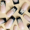 French style false nails with butterfly pattern and glitter effect in black colour option