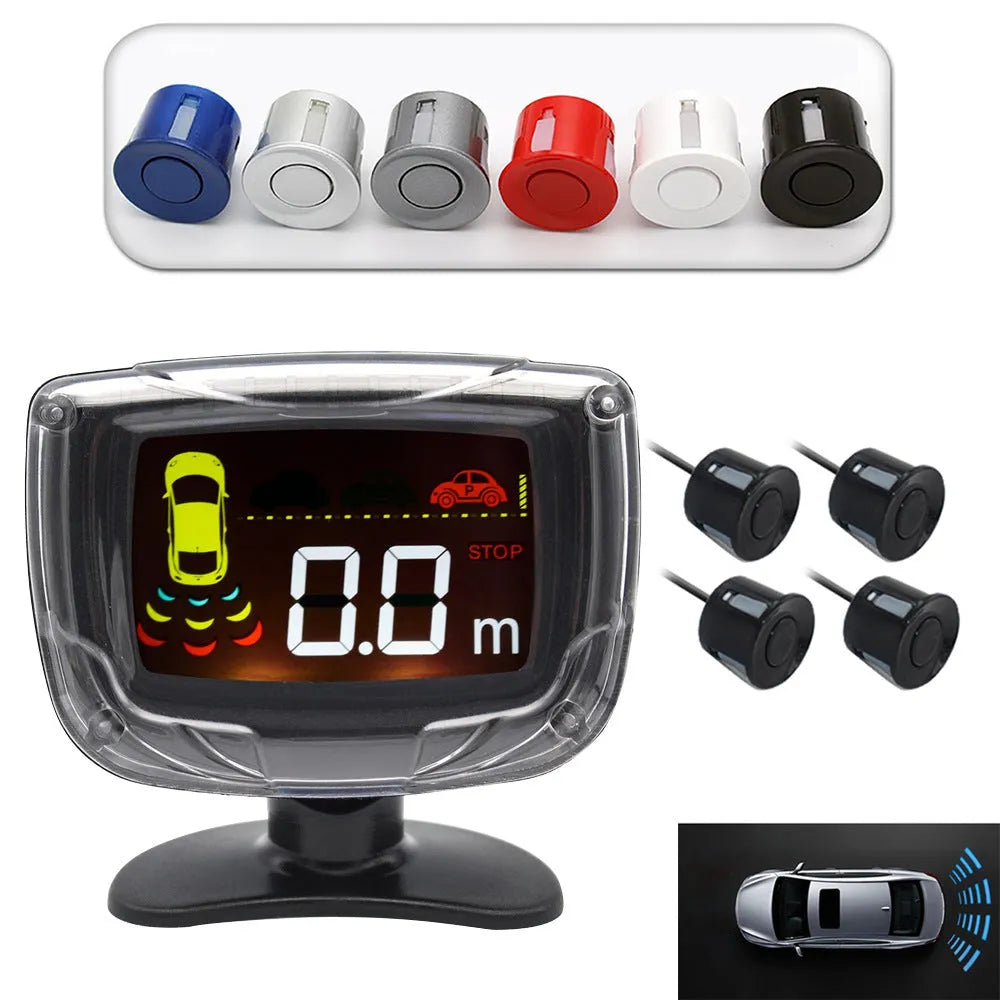 Wireless vehicle reversing sensor kit with digital display, four probes, and installation tools