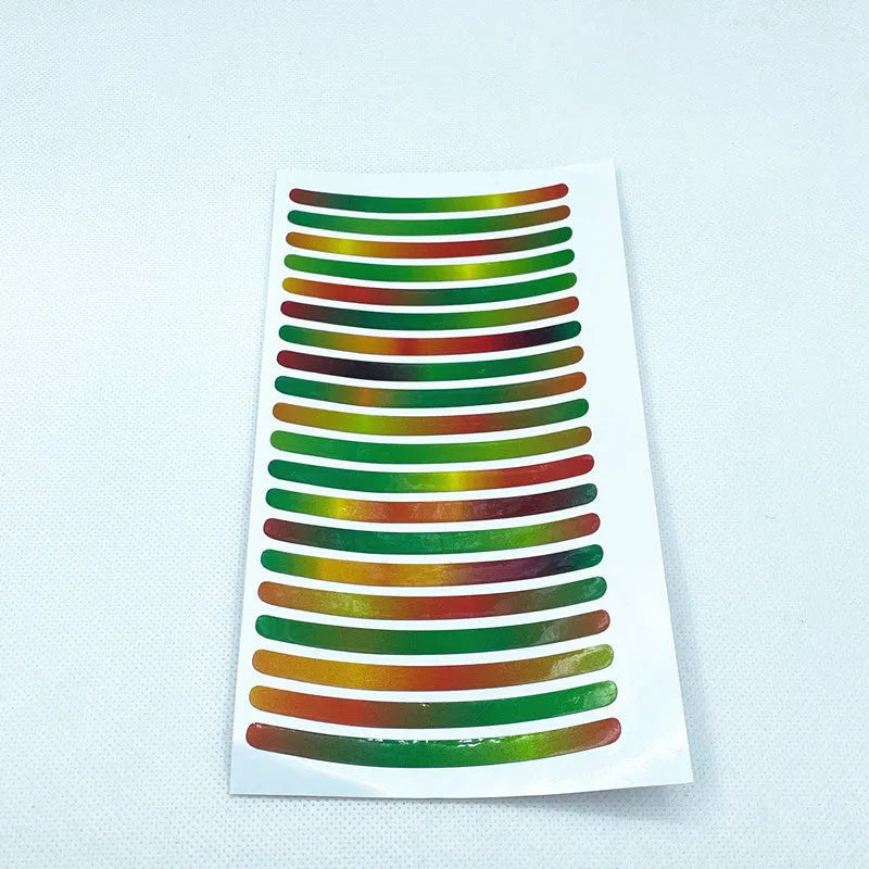 Pack of 20 arc-shaped PVC reflective stickers for car wheel hubs in assorted high-visibility colours.