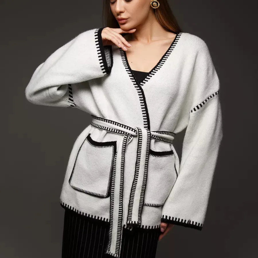 Knitted lace-up cardigan in thick cotton imitation cashmere fabric in camel colour